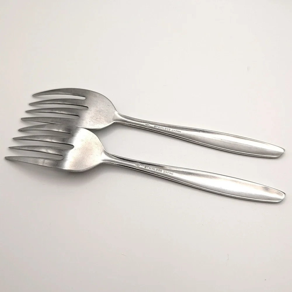 Vintage Japan Stainless Salad Forks Atomic Starburst Scroll MCM 6